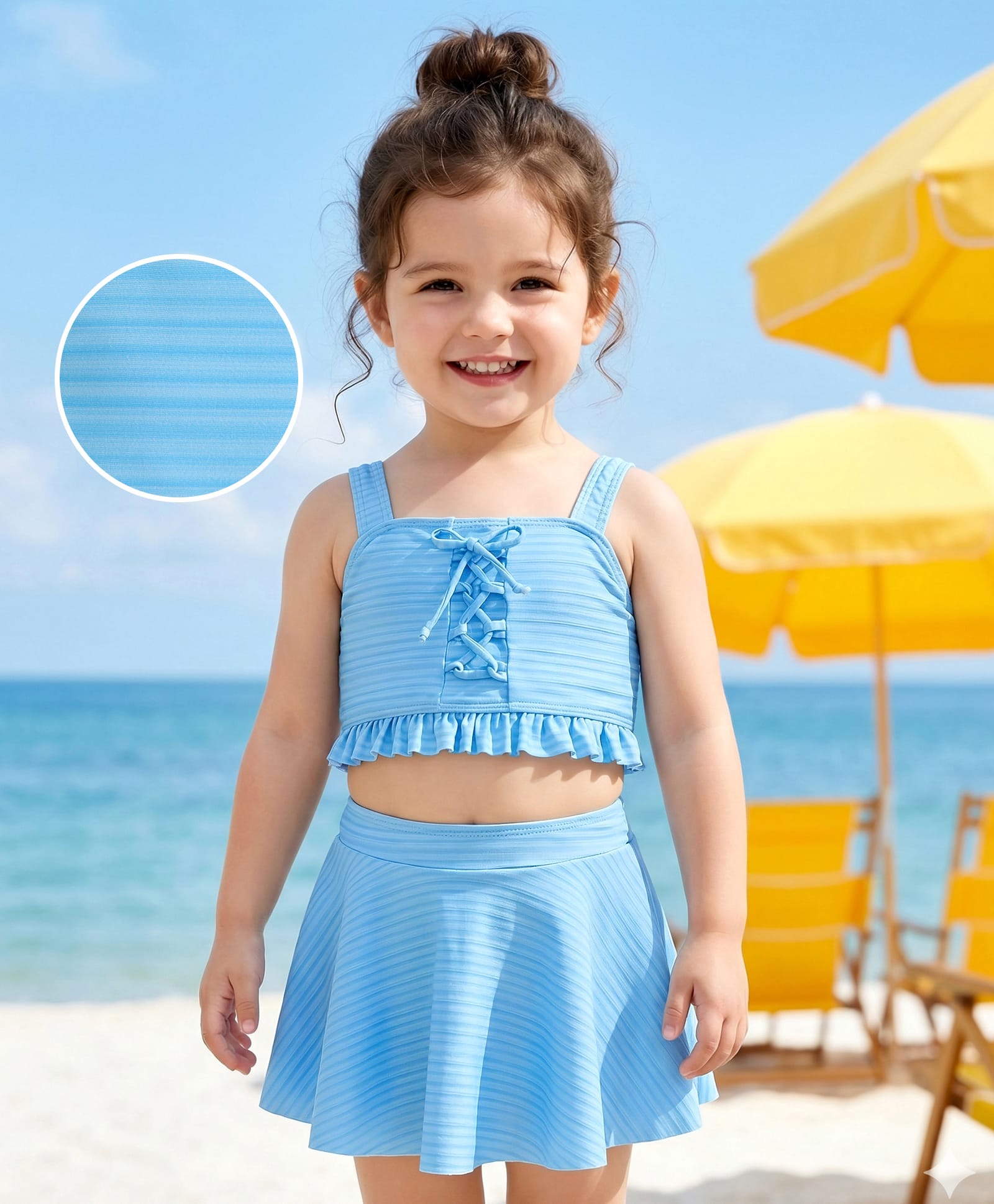 Mark & Mia Sleeveless Two Piece Swimsuit with Strips Print & Lace Detailing - Light Blue-picture-24