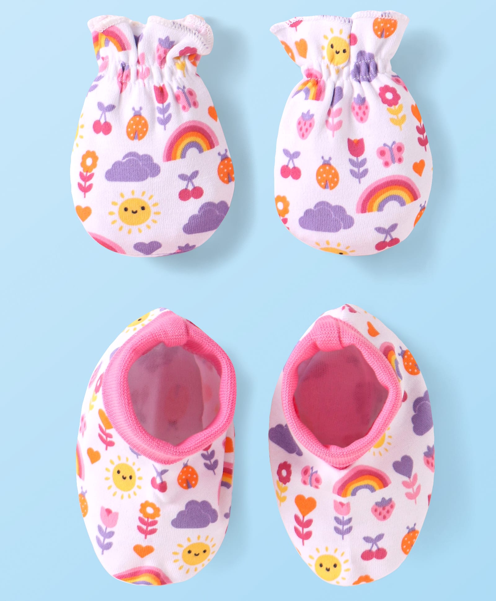 Babyhug 100% Cotton Knit Mittens & Booties Set with Floral & Bee Print - Pink-image-27