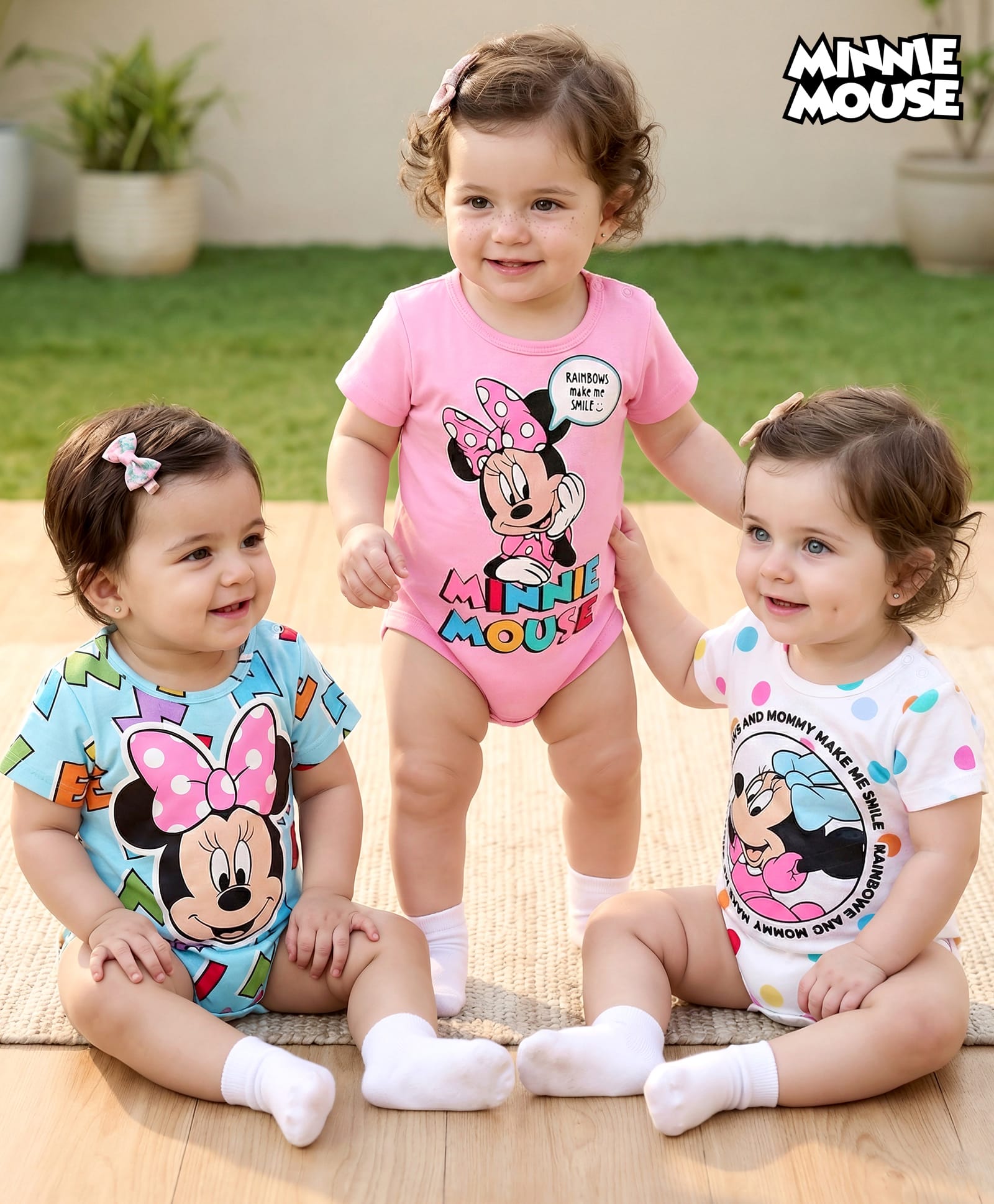 Babyhug Disney Interlock Knit Half Sleeves Onesies with Minnie Mouse Graphics Pack of 3 - Pink Light Blue & White-picture-17