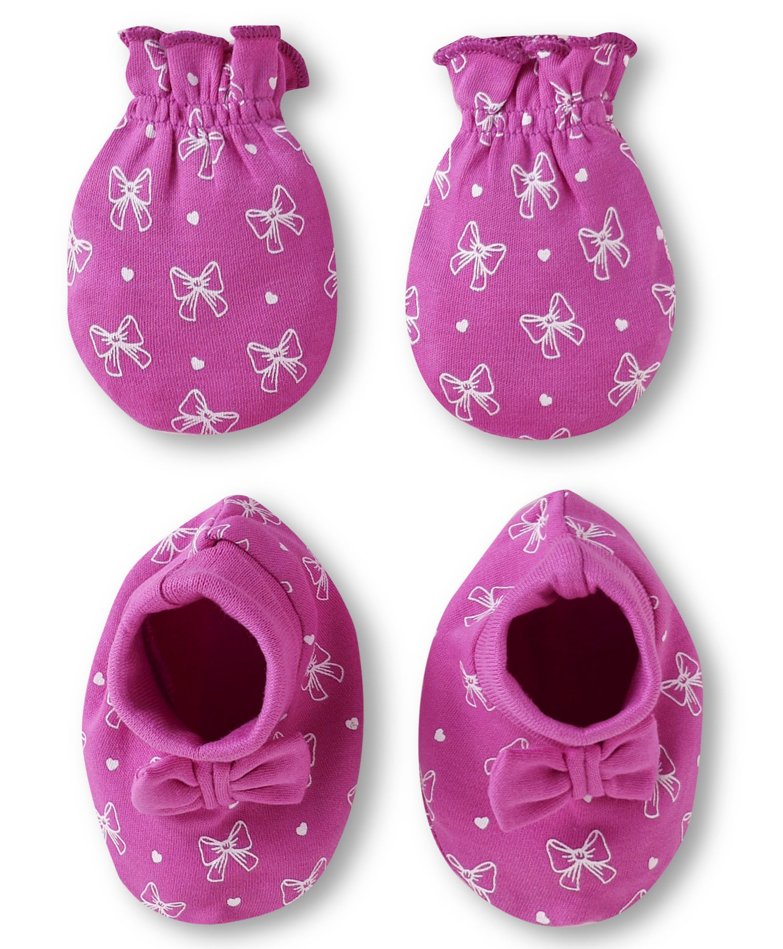 Babyhug 100% Cotton Knit Mittens & Booties Set with Bow & Hearts Print - Dark Pink-image-18