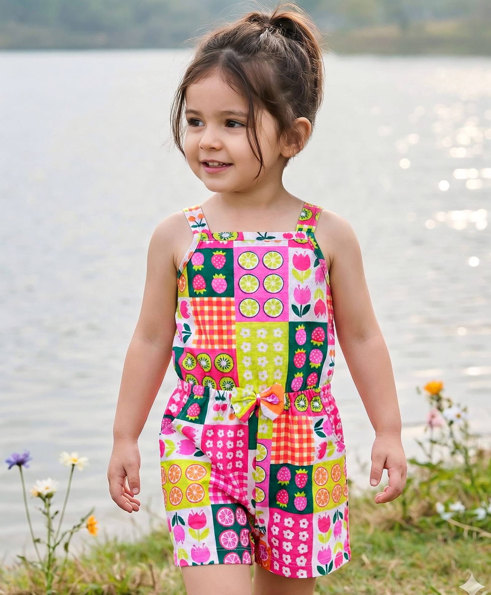 Babyhug Cotton Knit Sleeveless Jumpsuit With Floral & Fruit Print & Bow Applique - Pink-image-45
