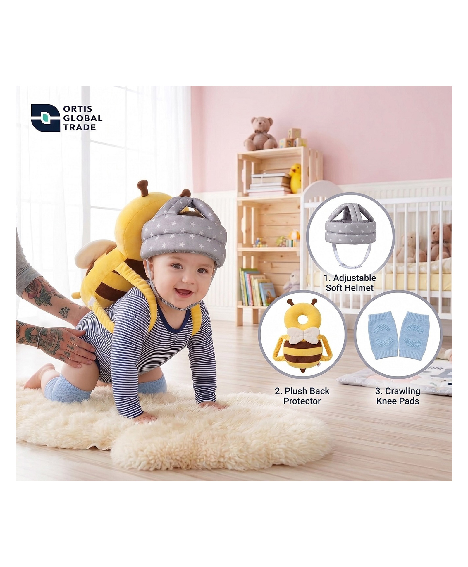 Ortis Baby safety Combo of Baby Helmet and Baby Head Protector Cushion Backpack and kneepad (Color And Design May Vary)-image-21