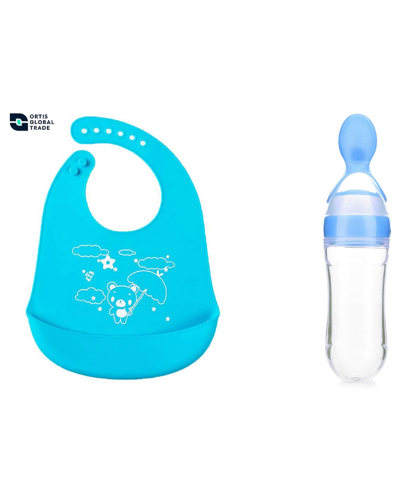 Ortis Adjustable Snap Button Bib With Crumb Catcher and Silicone Food Feeder - Blue (Colour & Design May Vary)-picture-25