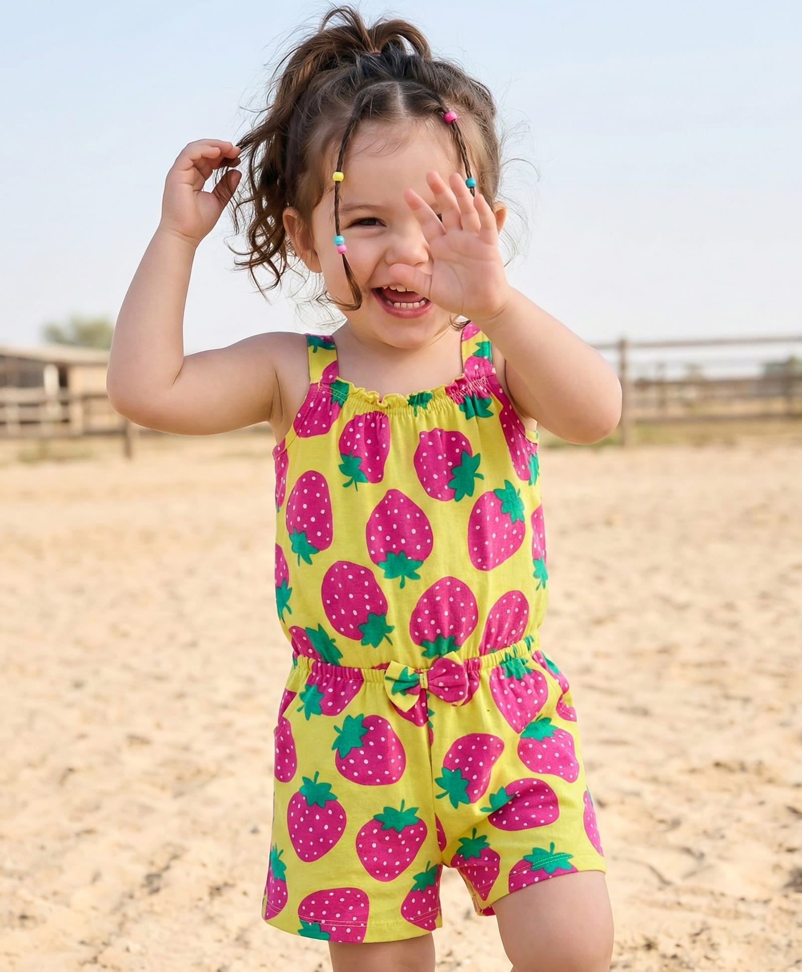 Babyhug Cotton Knit Sleeveless Strawberry Printed Jumpsuit with Bow Applique - Limegreen-picture-20