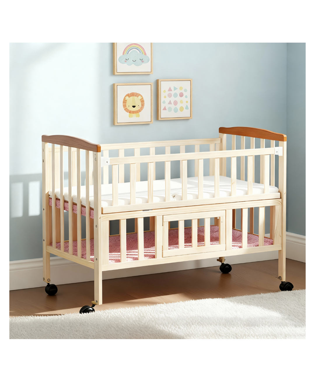 FURNIFEST Baby Cot Crib Along with Mattress, Mosquito Net and Head Shaping Pillow, Strong German Pinewood