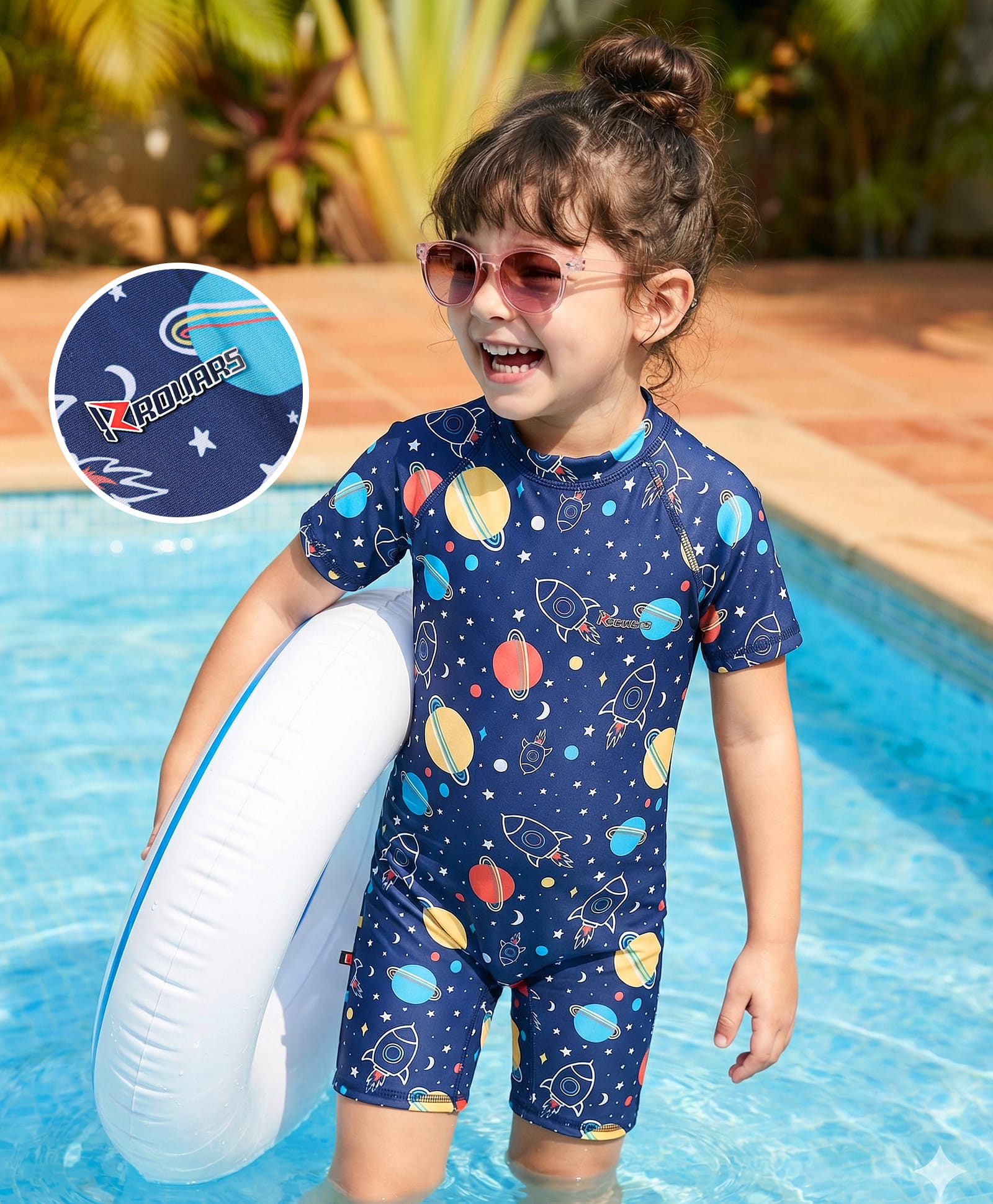Rovars Cotton Lycra Half Raglan Sleeves Legged Swimsuit with Space Theme Print - Navy Blue-image-18