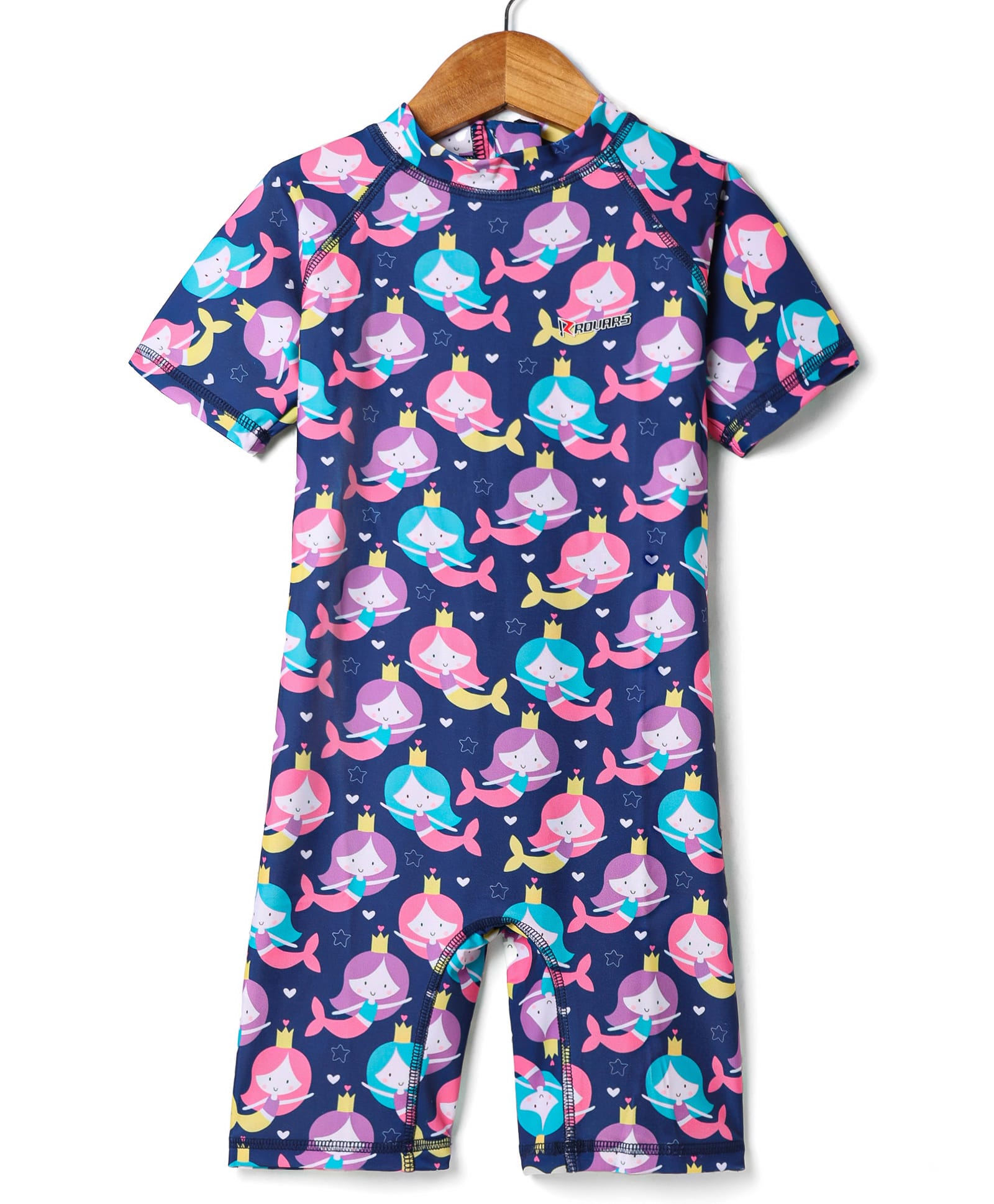 ROVARS Cotton Lycra Half Sleeves Legged Swimsuit with MermaidPrint - Navy Blue & Purple-image-43