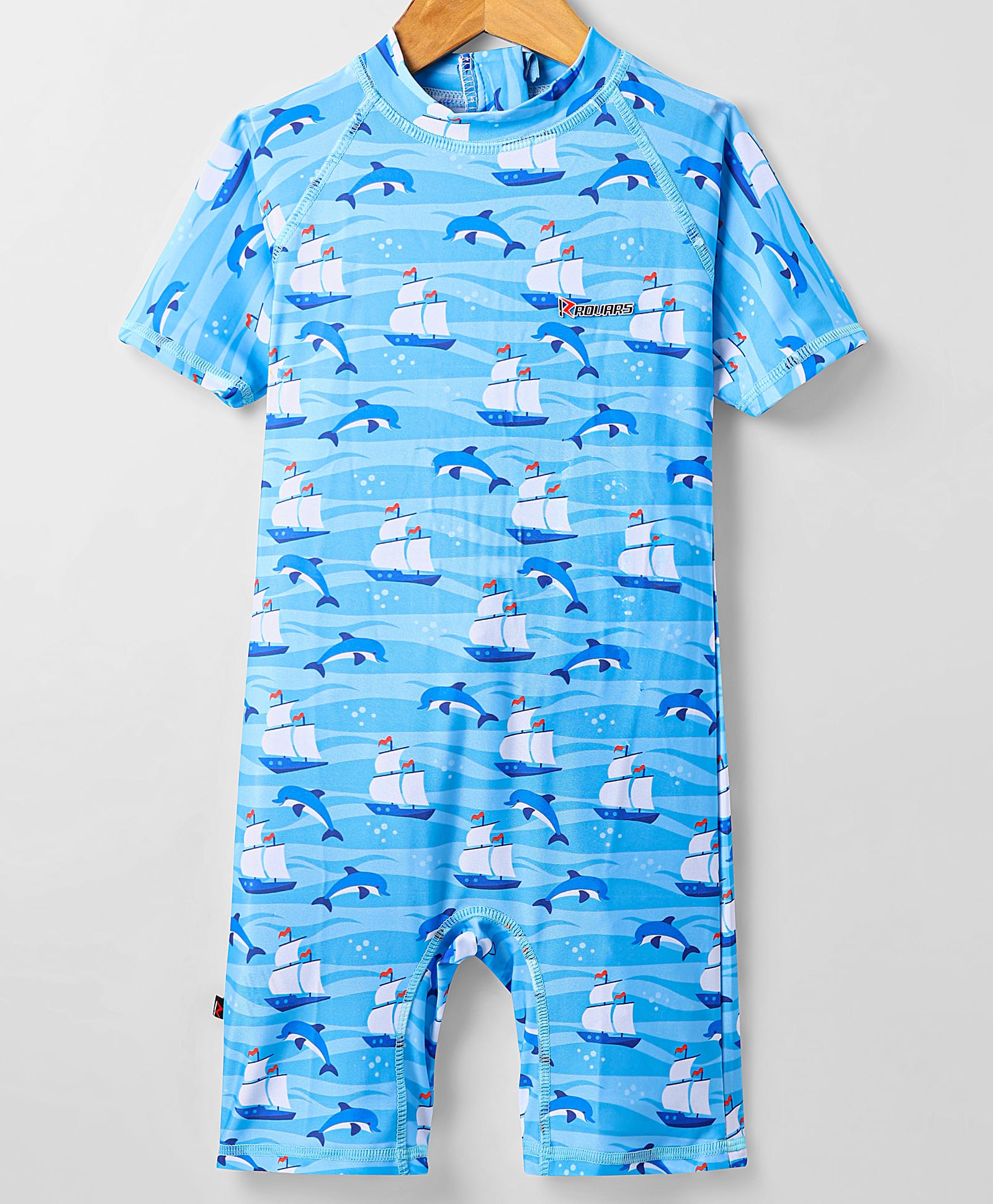 Rovars Cotton Lycra Half Raglan Sleeves Legged Swimsuit with Nautical Theme Print - Light Blue-picture-16