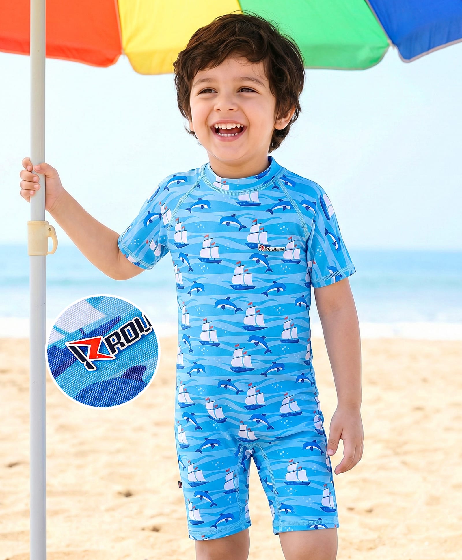 Rovars Cotton Lycra Half Raglan Sleeves Legged Swimsuit with Nautical Theme Print - Light Blue-picture-49