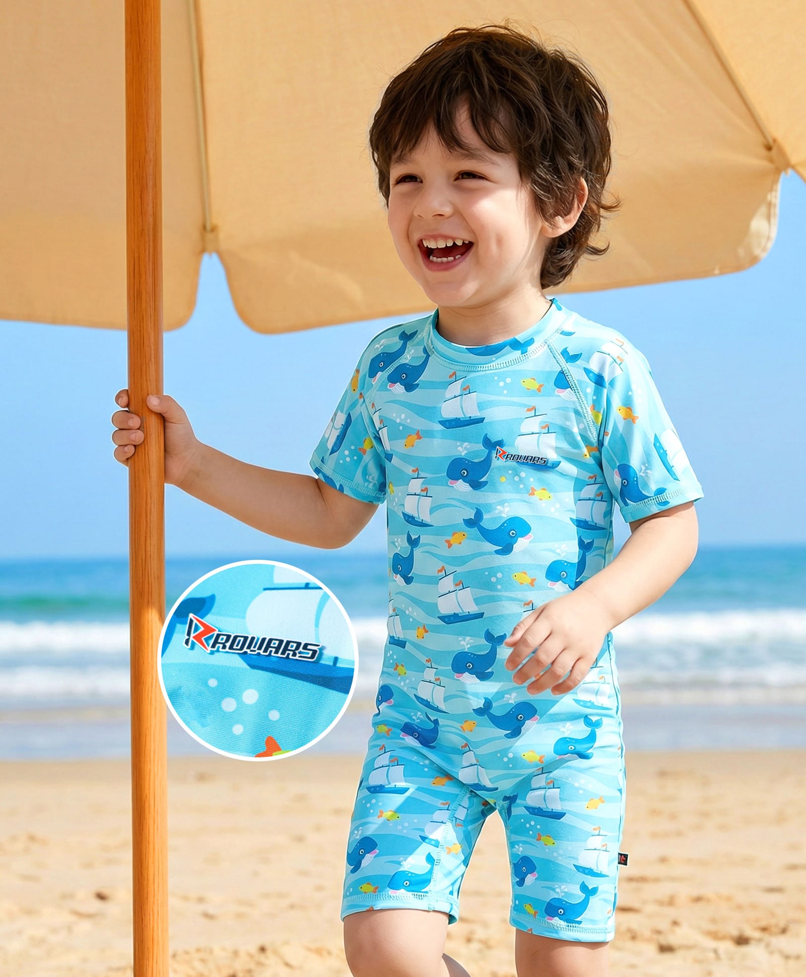 ROVARS Cotton Lycra Half Sleeves Legged Swimsuit with Whale Print - Light Blue-picture-12