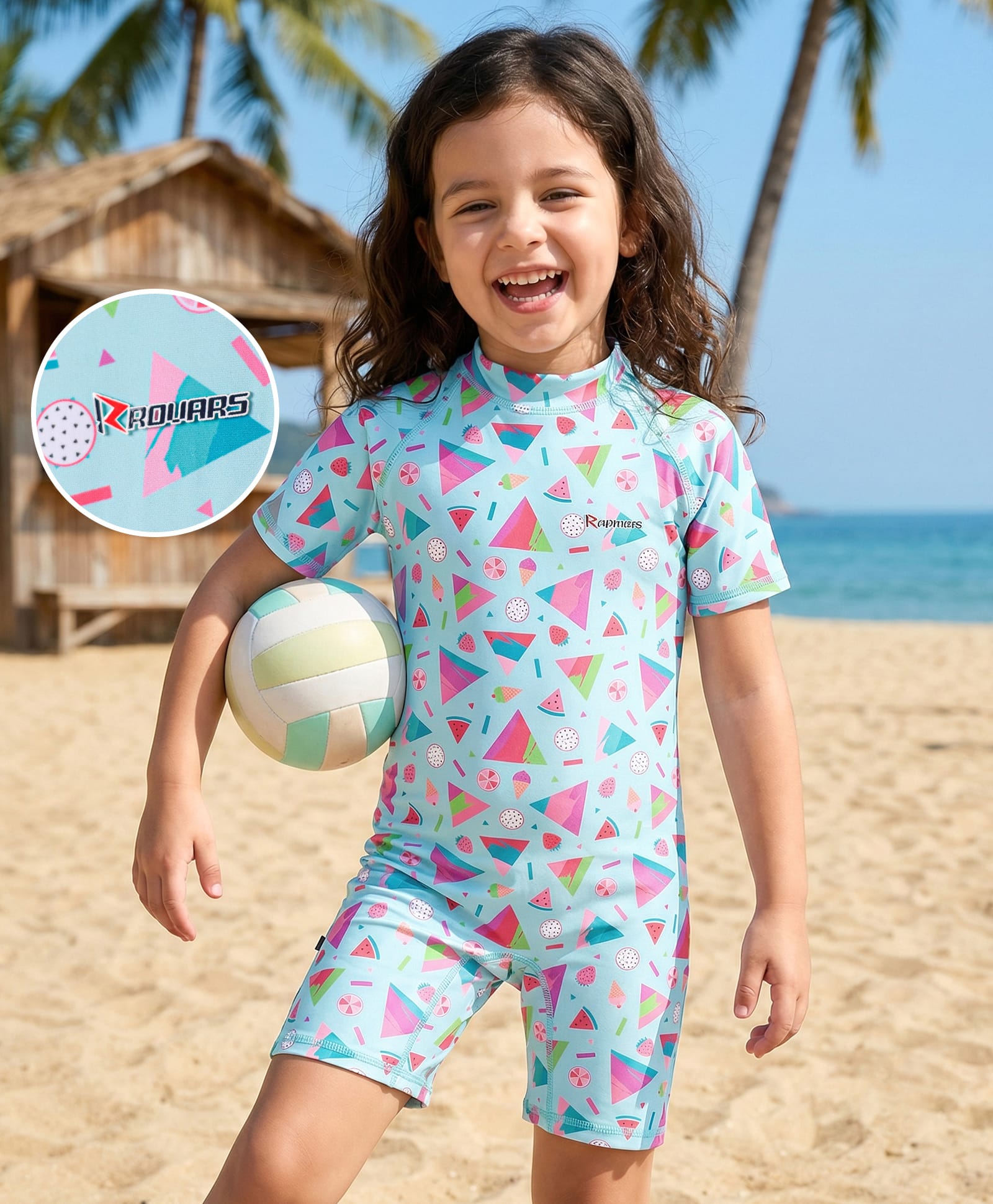ROVARS Cotton Lycra Half Sleeves Legged Swimsuit with Triangle Print - Light Blue & Violet-image-49