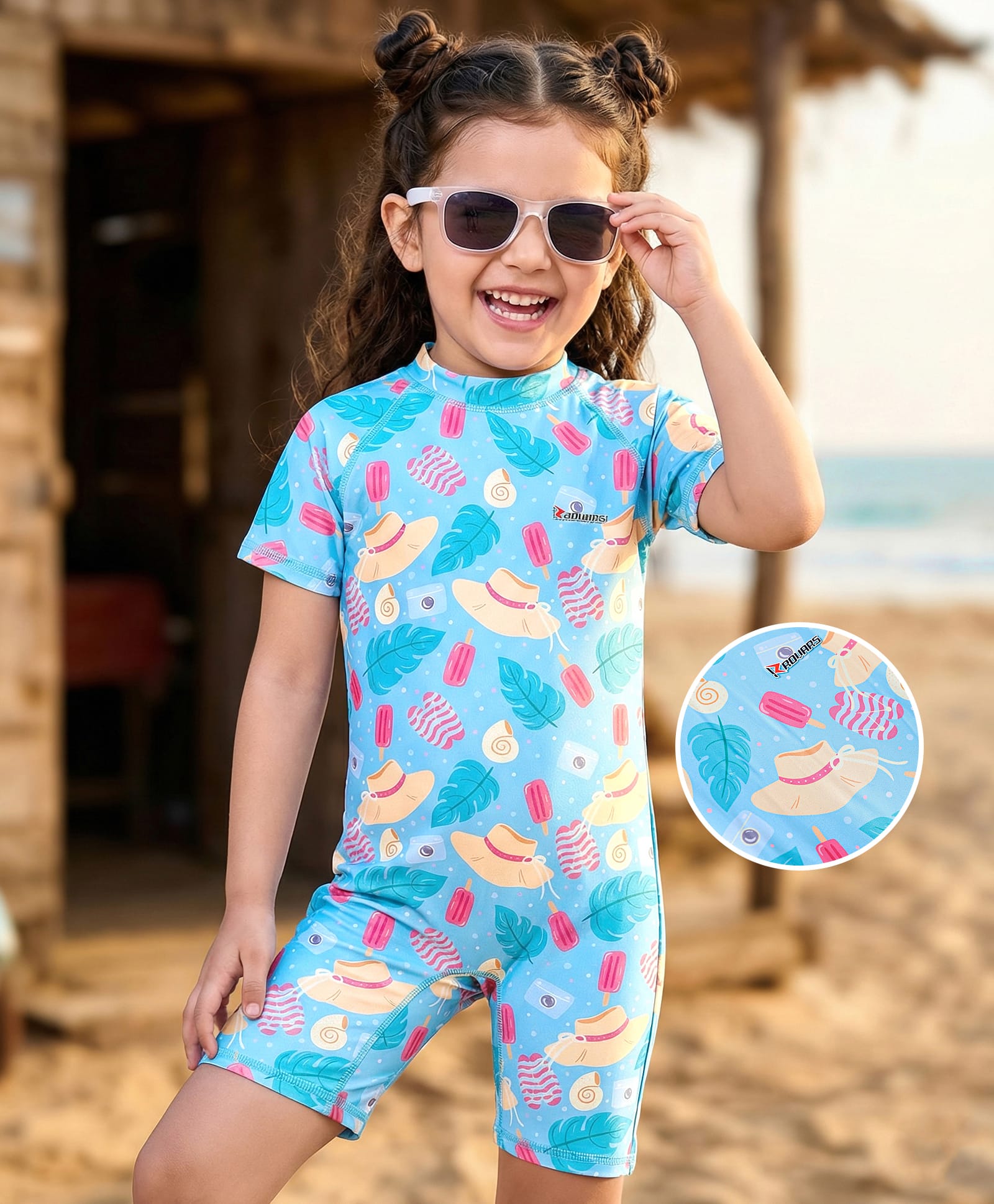 Rovars Cotton Lycra Half Raglan Sleeves Legged Swimsuit with Beach Theme Print - Blue-picture-7