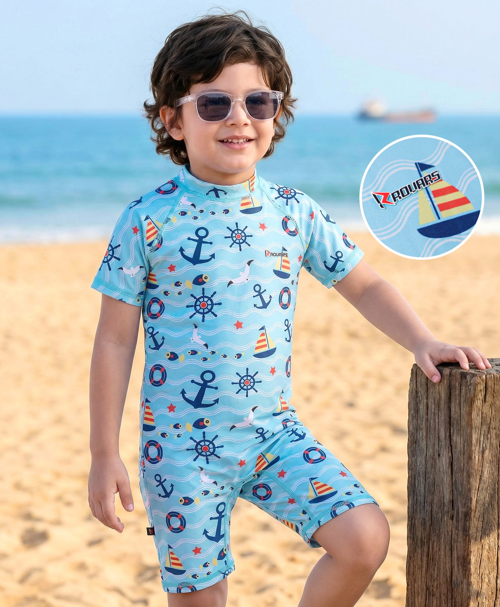 ROVARS Cotton Lycra Half Sleeves Legged Swimsuit with Anchor & Boat Print - Light Blue & Royal Blue-image-41