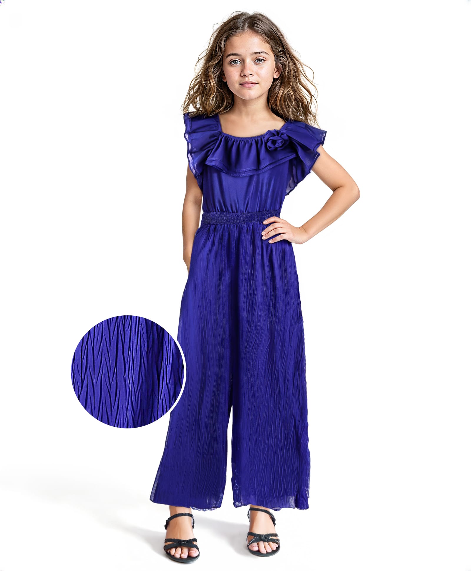 Arias Structure Fabric Woven Frill Sleeves Solid Jumpsuit With Elasticated Waistband & Neck Detailing - Navy Blue-image-2
