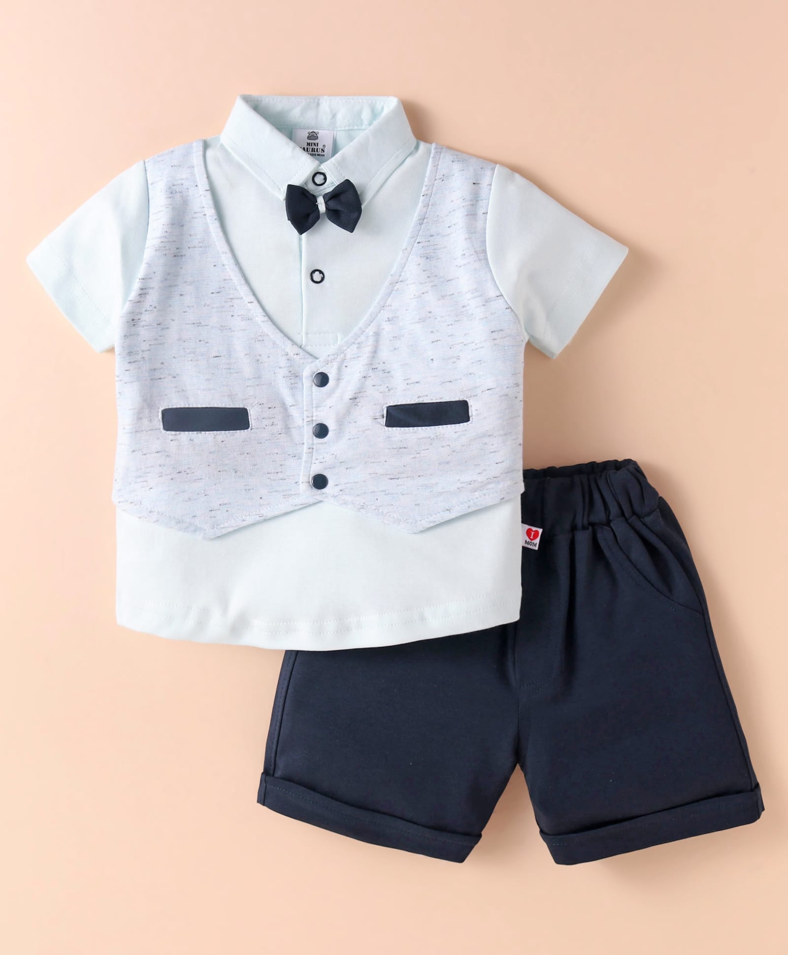 Mini Taurus Cotton Knit Half SleevesShirt & Shorts Set With Attached Waistcoat & Bow Applique - Navy Blue-image-24
