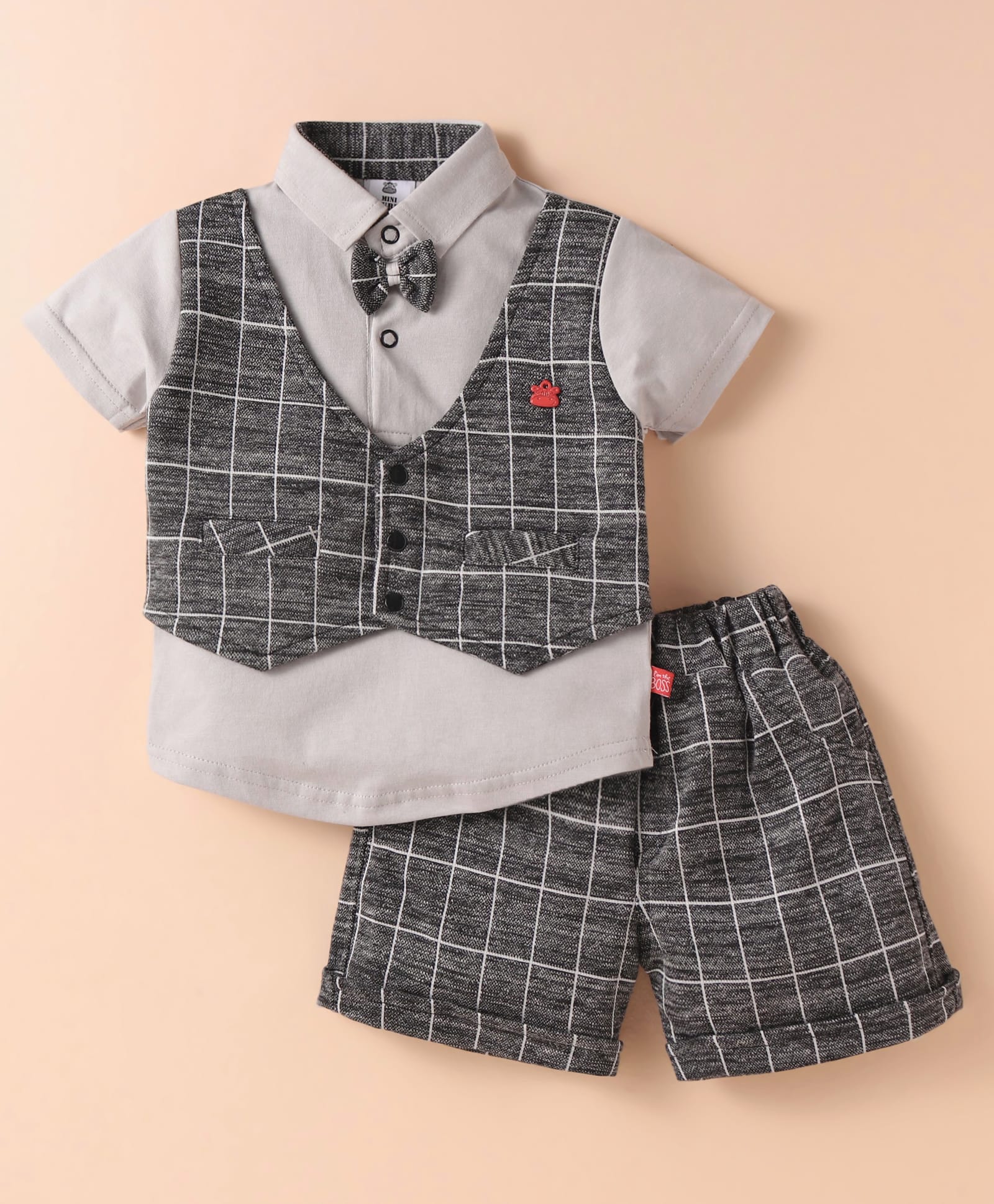 Mini Taurus Cotton Knit Half Sleeves Printed Shirt & Shorts Set With Attached Waistcoat & Bow Applique - Black-picture-39