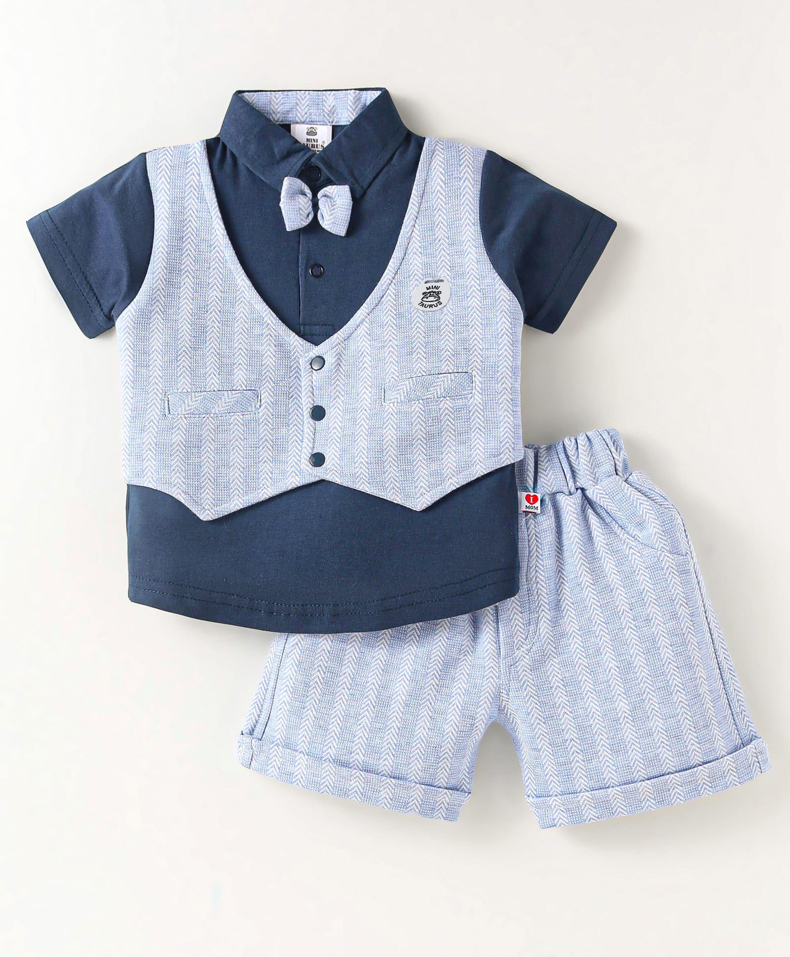 Mini Taurus Cotton Knit Half Sleeves Printed Shirt & Shorts Set With Attached Waistcoat & Bow Applique - Light Blue-picture-39
