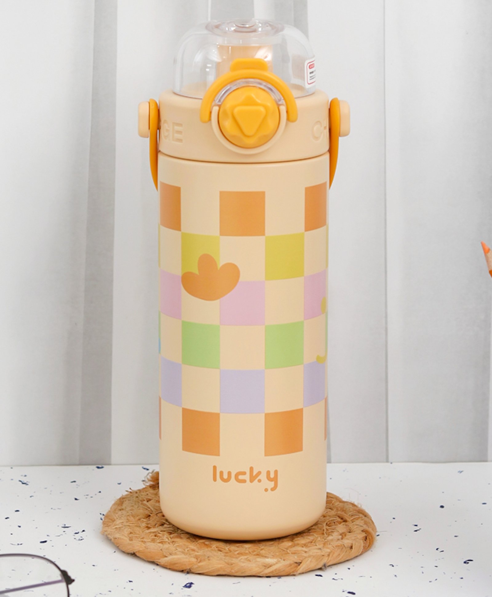 Yellow Bee Stainless Steel Flask with Colorful Checkered Design - 600 ml-image-26