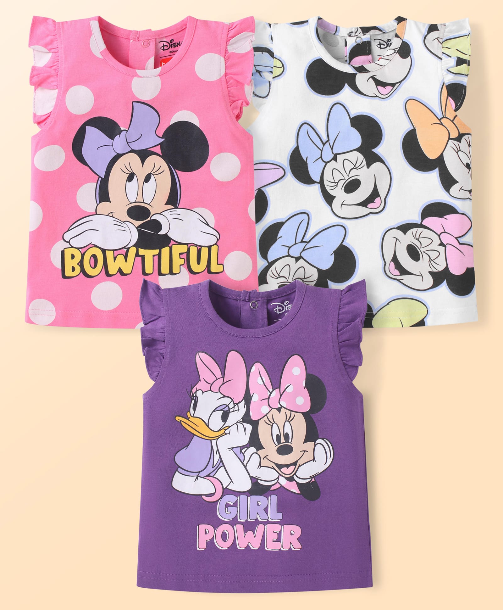 Babyhug Disney Single Jersey Knit Frill Sleeve Tops with Minnie & Friends Graphic Pack of 3 - White Pink & Purple-picture-12