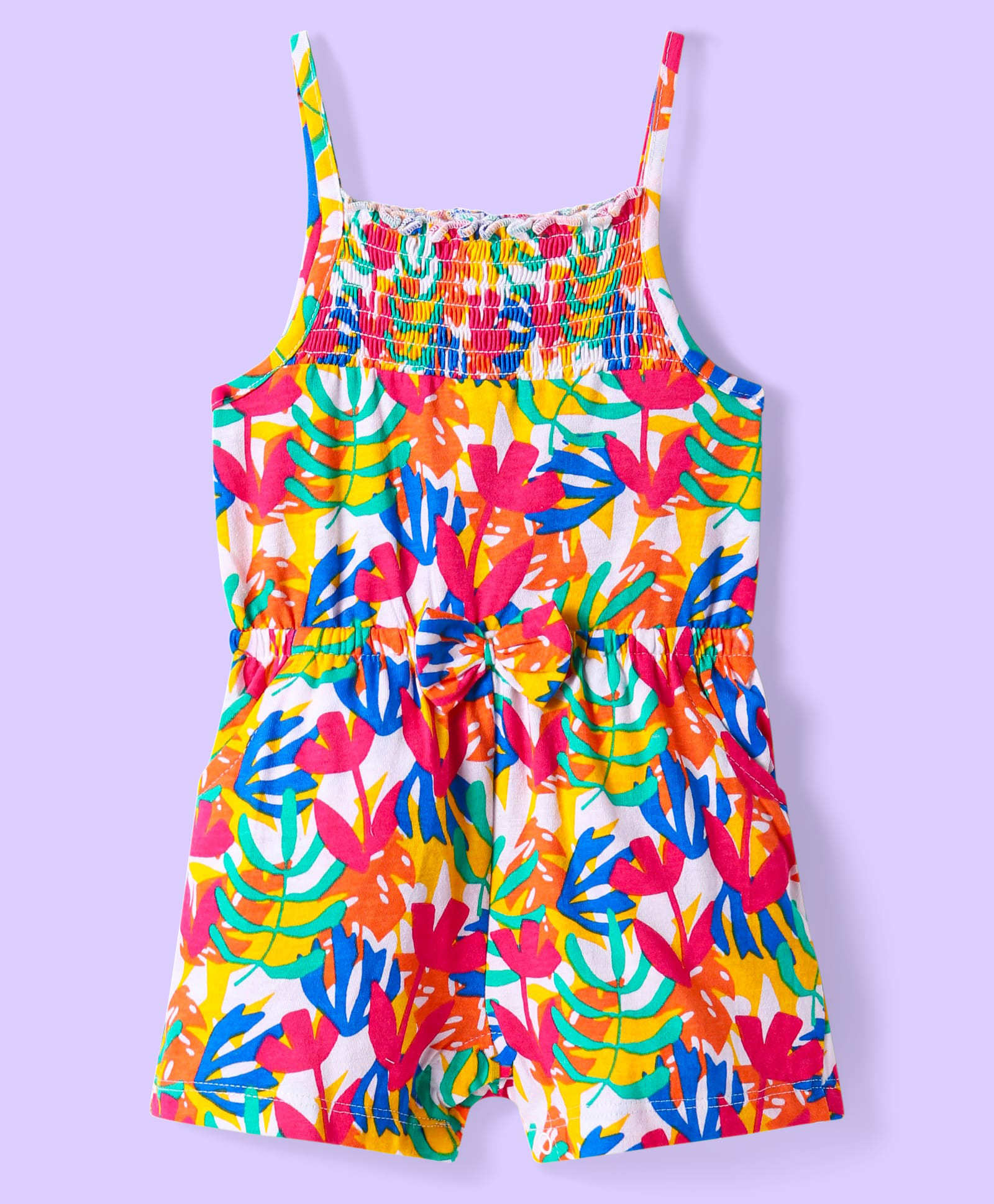 Babyhug Cotton Knit Singlet Sleeves Jumpsuit With Floral Print - Milticolor-image-49