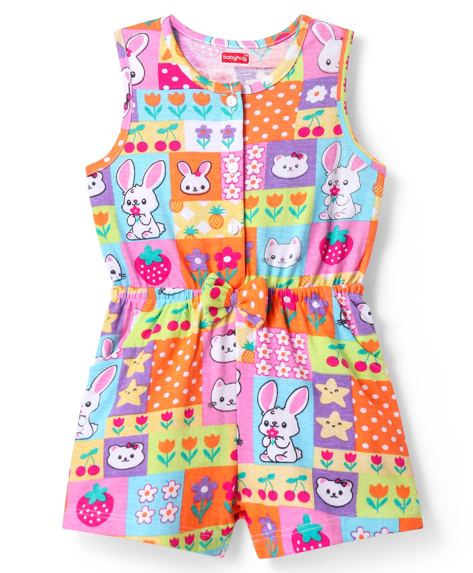 Babyhug Cotton Knit Sleeveless Jumpsuit with Jungle Theme Print & Bow Applique - Multicolor-picture-13