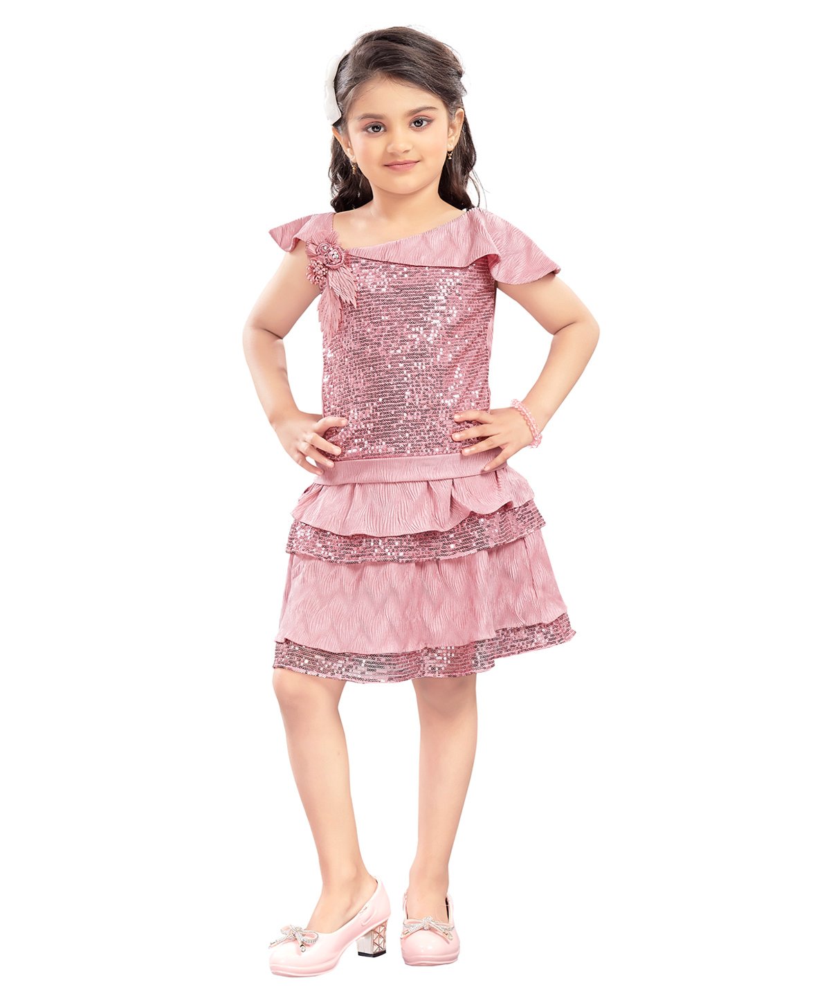 Lei-Chie One Shoulder Flutter Sleeves Sequins Embellished & Floral Applique Detailed Top Skirt Set - Pink-picture-22