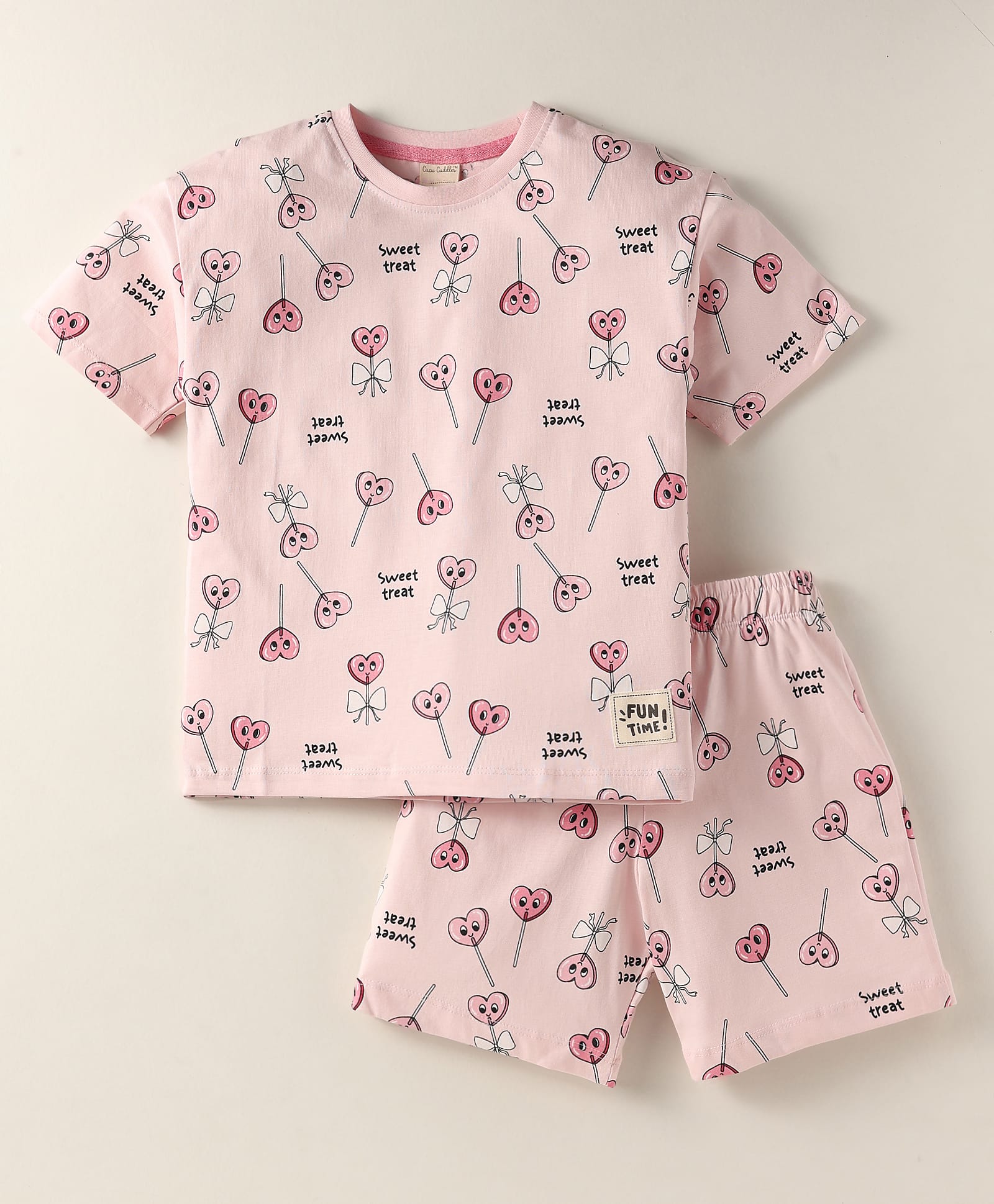 CUCUMBER Sinker Knit Half Sleeves Co-Ord Shorts Night Suit with Sweet Treat Text Print - Pink-picture-41