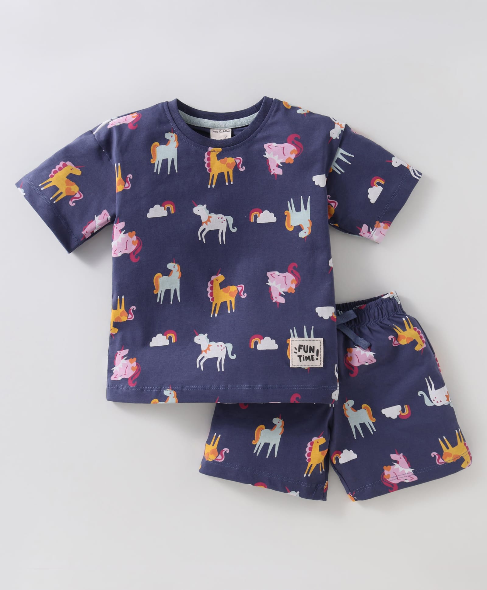 CUCUMBER Sinker Knit Half Sleeves Shorts Night Suit with Unicorn Print - Navy Blue-image-29