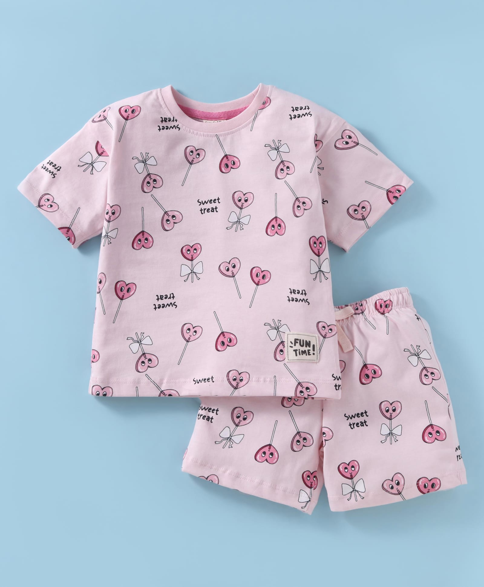 CUCUMBER Sinker Knit Half Sleeves Shorts Night Suit With Candy Print - Baby Pink-image-40