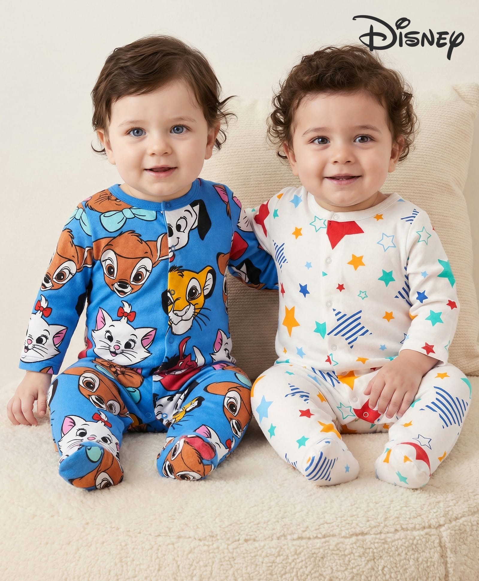 Babyhug Disney Interlock Knit Full Sleeves Footed Sleep Suits with Star & Disney Character Graphics Pack of 2 - White & Blue-image-33