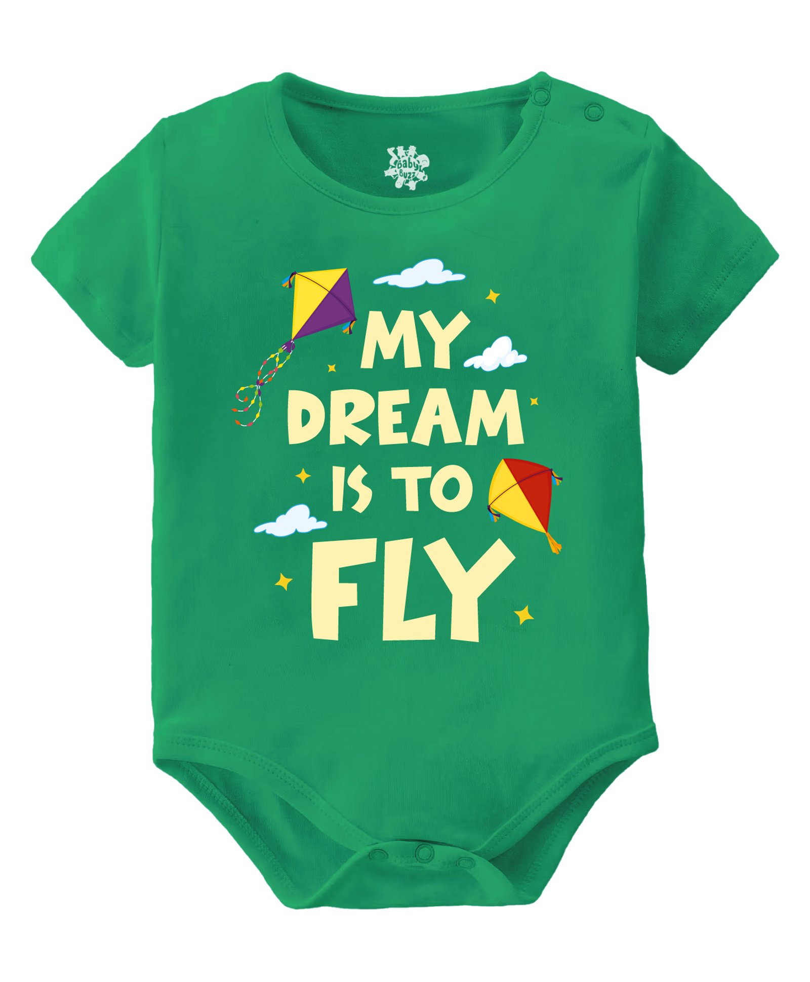 Baby Buzz 100% Cotton Makar Sankranti Theme Half Sleeves My Dream Is To Fly Text Printed Onesie - Green-image-0