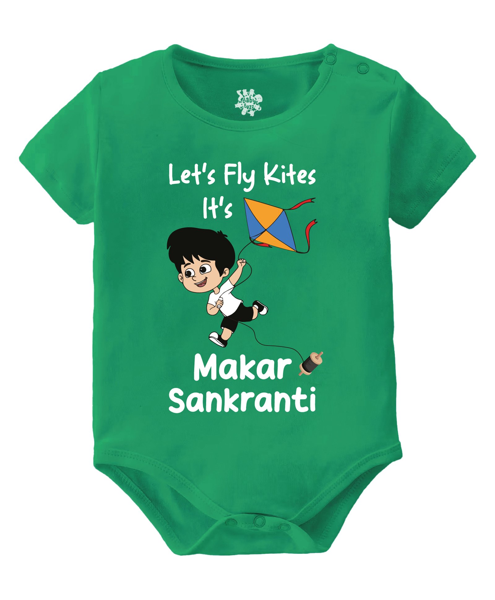 Baby Buzz 100% Cotton Makar Sankranti Theme Half Sleeves Lets Fly Kites Text Printed Onesie - Green-image-31
