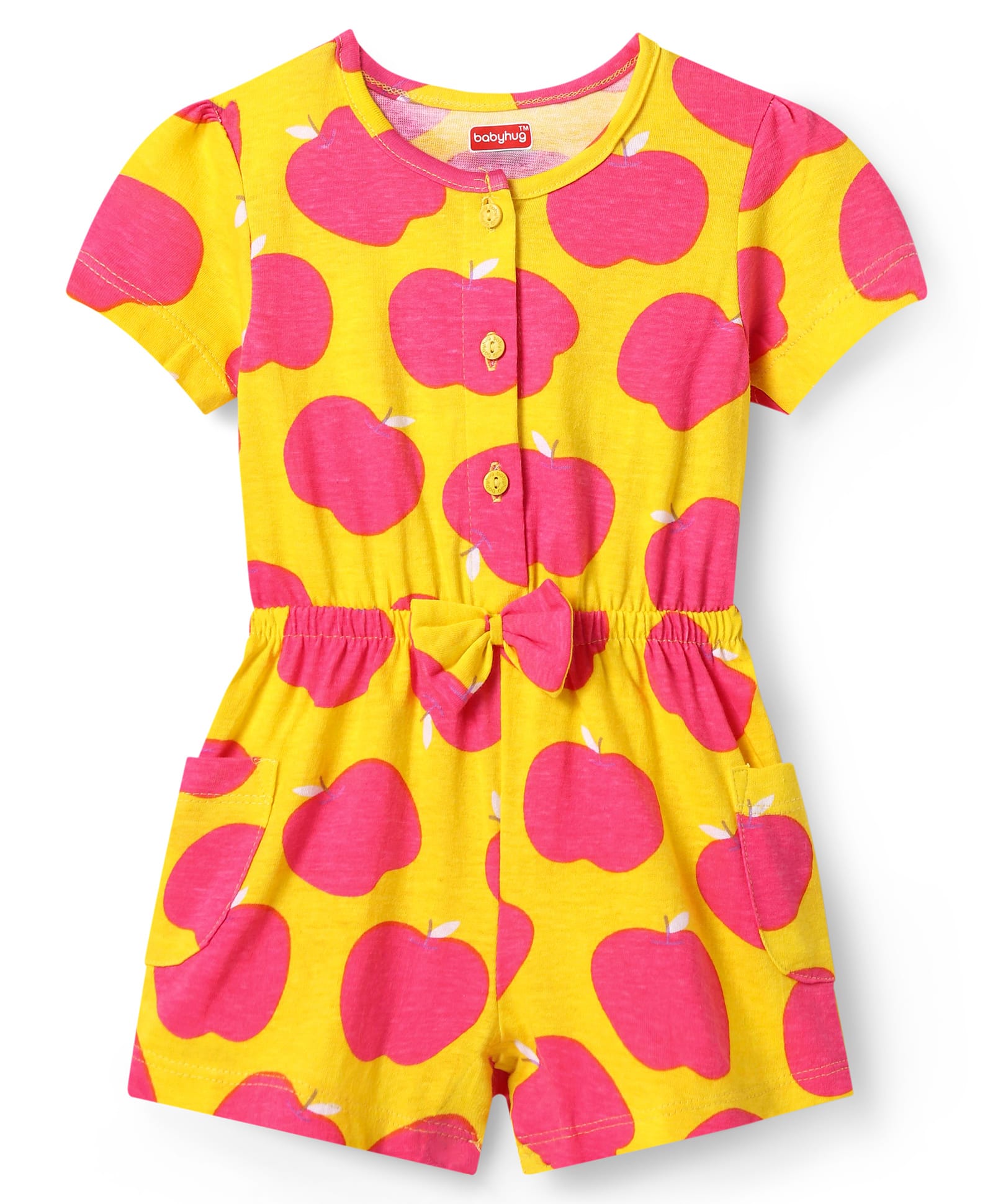 Babyhug Cotton Knit Half Sleeves Jumpsuit with Apple Print & Bow Applique - Yellow-image-39