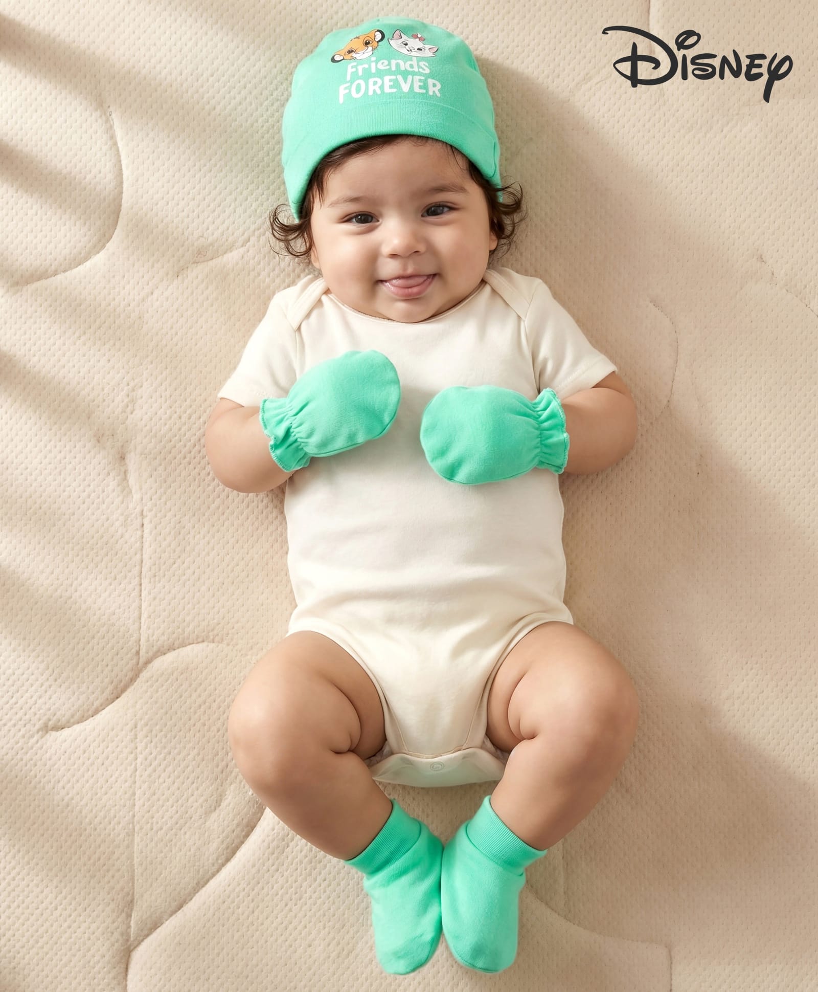 Babyhug Disney Interlock Knit Cap Mittens & Booties Set With Disney Character Print Sea Green - Diameter 13 cm-image-23
