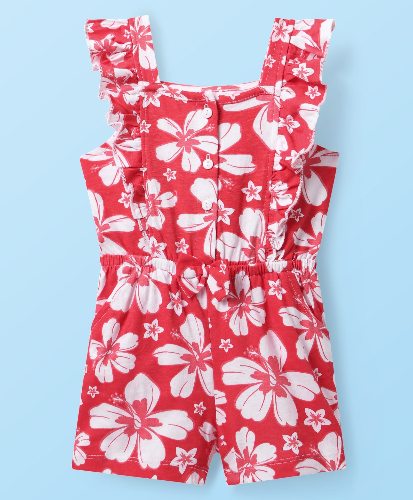 Babyhug Cotton Knit Frill Sleeves Jumpsuit with Floral Print & Bow Applique - Red-picture-11
