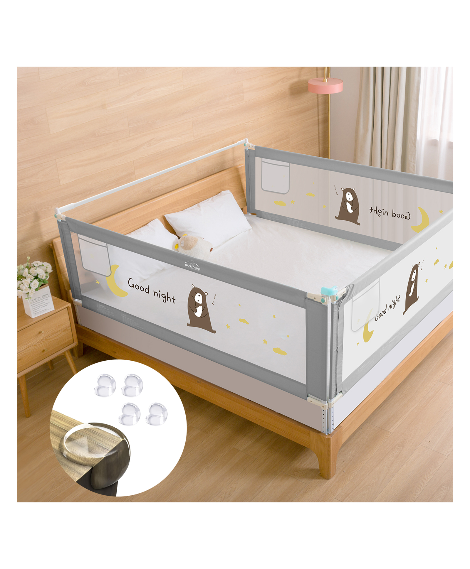 Safe-O-Kid Baby Bed Rail Guard for Toddler Safety, Portable, Adjustable Height, Three Bed Side Rail - Grey-image-24