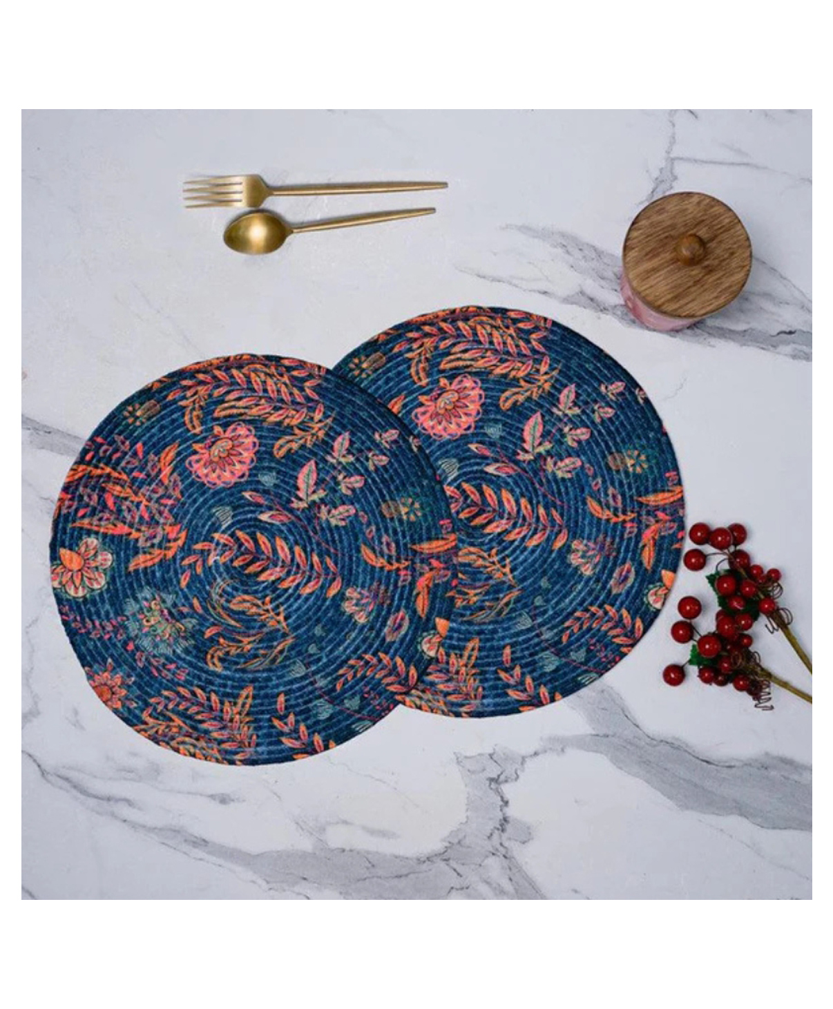 Voidrop-Set of 2 Handcrafted Round Jute Table Mat with Vibrant Floral and Foliage DesignEco-Friendly Dining Table Placemat, Ideal for Home Decor, Heat Resistant-image-4