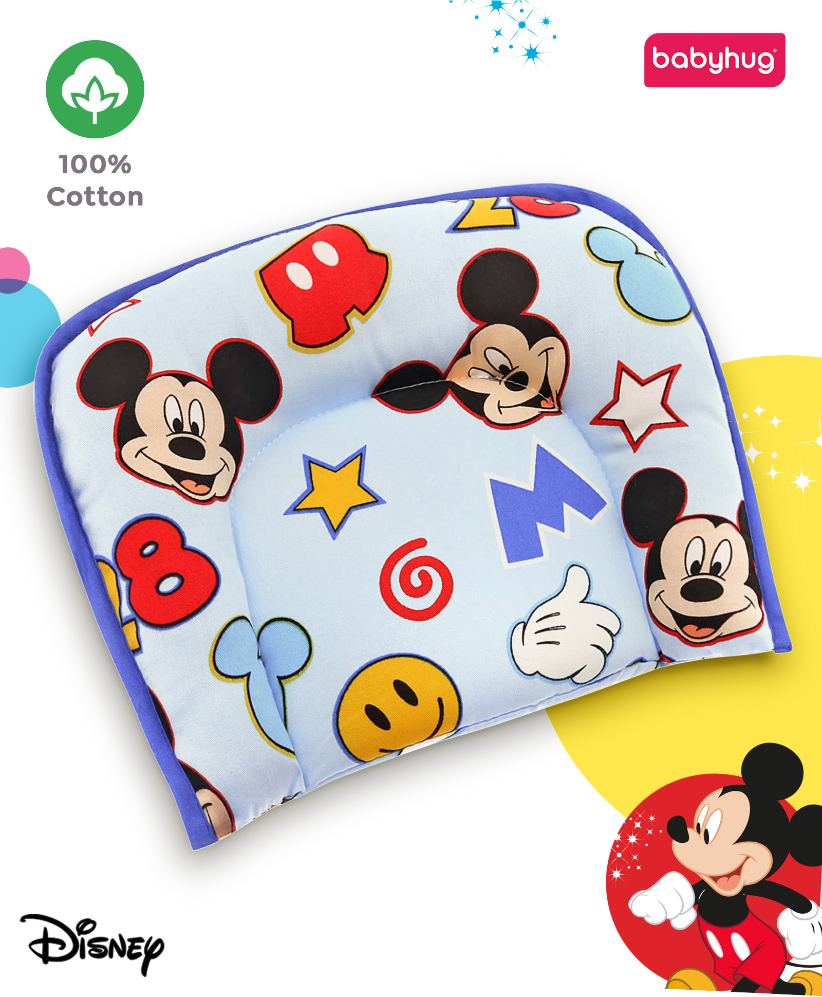 Babyhug Disney Cotton U Shape Pillow with Smiley Mickey Face Print - Blue-image-42