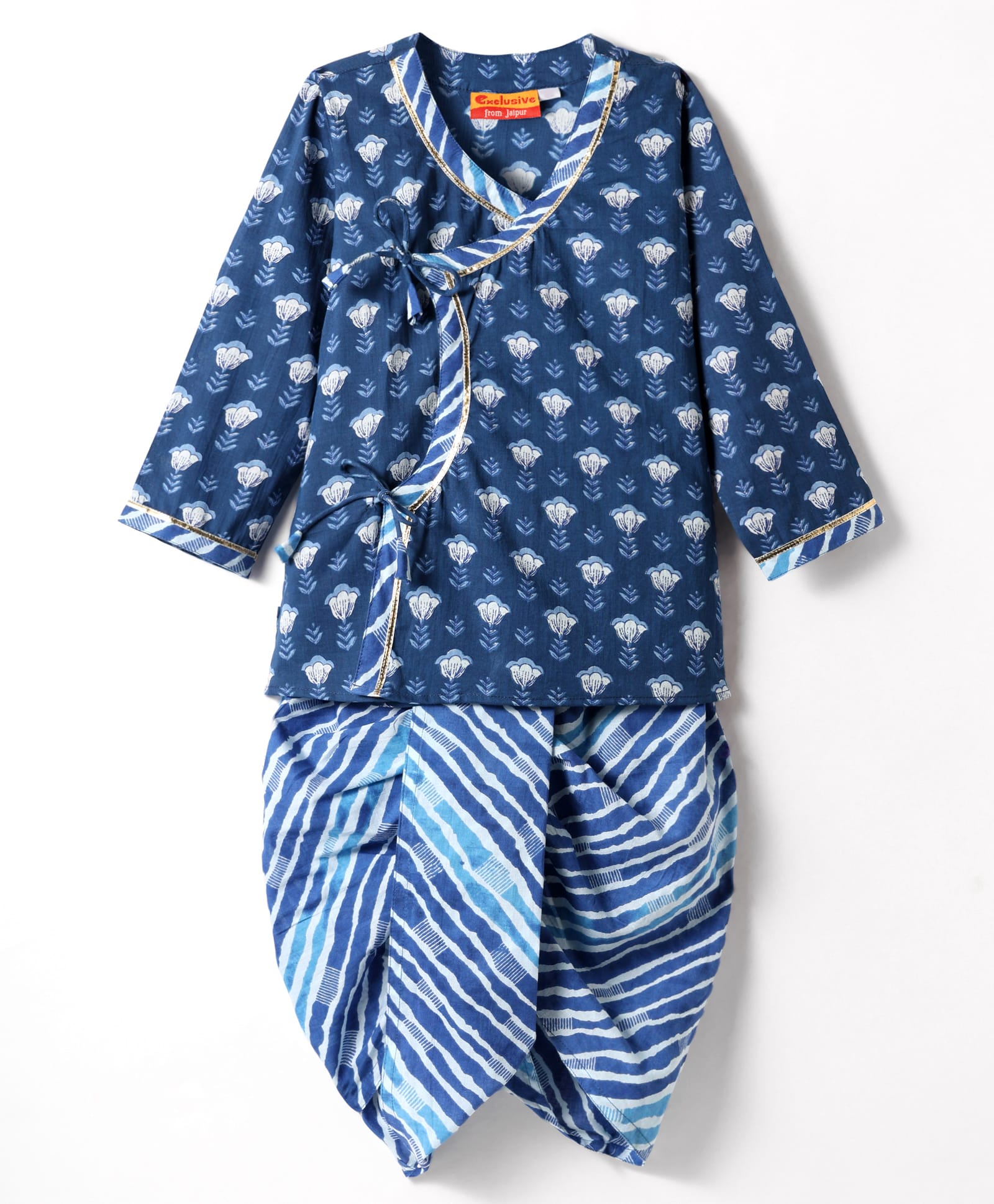 Exclusive from Jaipur Cotton Full Sleeves Kurta Dhoti Set Leheriya Print - Blue-image-46