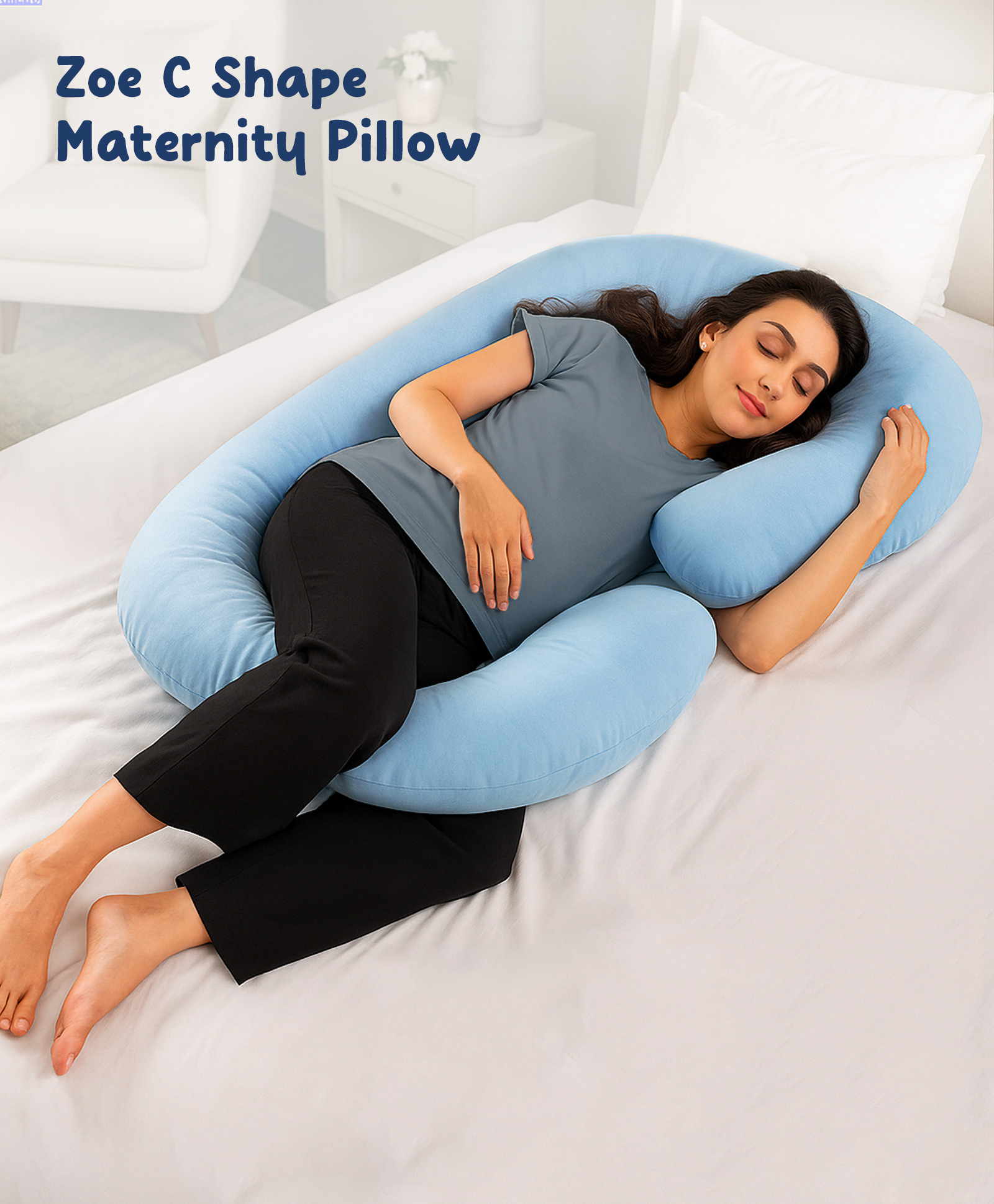 ZOE C Shape Pregnancy Pillow for Comfort & Support During Pregnancy | Maternity Pillow| Removable and Washable Cover| Side Sleeping Support| Full Body Support| Soft Breathable Material - Light Blue