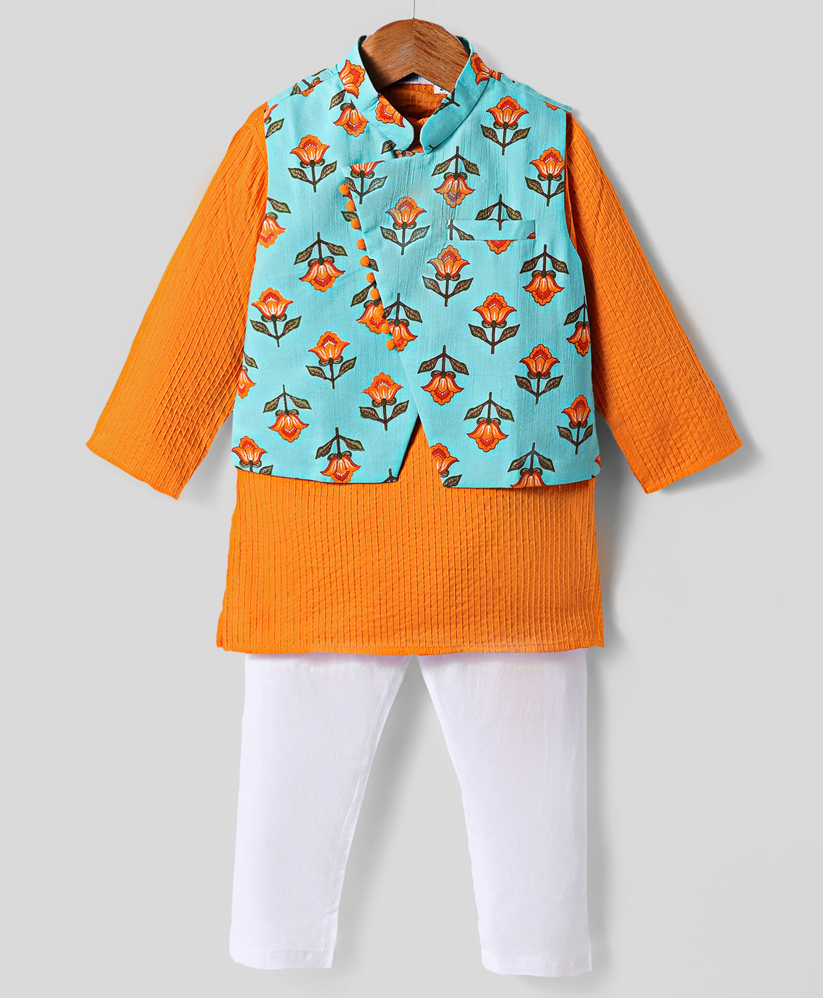 Exclusive from Jaipur Cotton Woven Full Sleeves Kurta Pyjama Set With Floral Printed Jacket - Orange-image-30