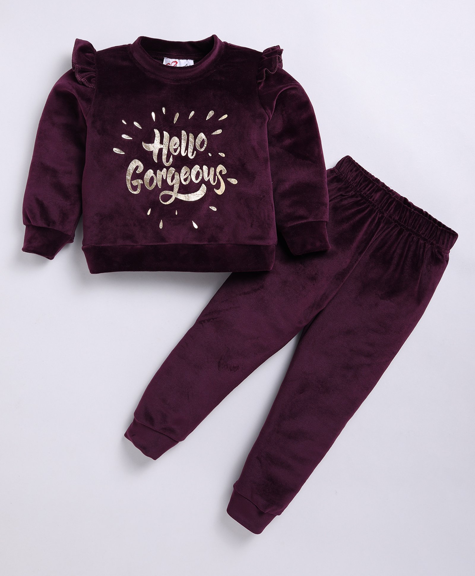 M'andy Velvet Full Sleeves Hello Gorgeous Text Foil Printed Sweatshirt With Joggers Set - Wine