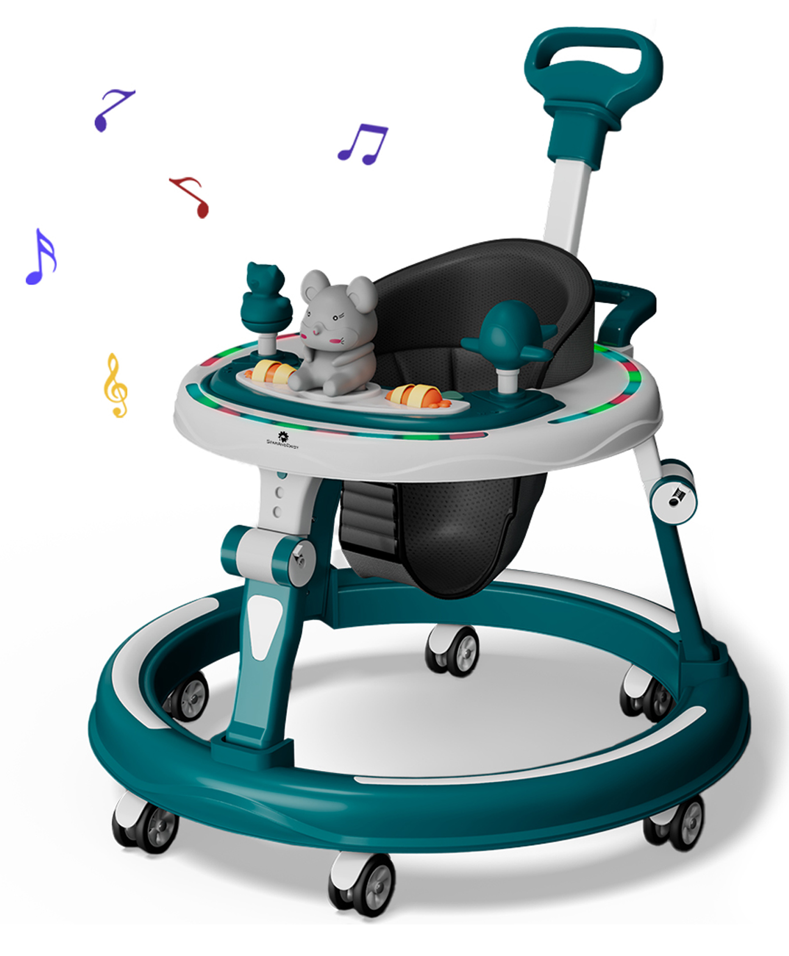 StarAndDaisy 360 Degree Baby Walker 7 Level Height Adjustment Walker for Kids Boy and Girl with Intergrated RGB Lights Switchable Food & Musical Toy Tray Premium Baby Activity Walker with Parent Rod - Blue