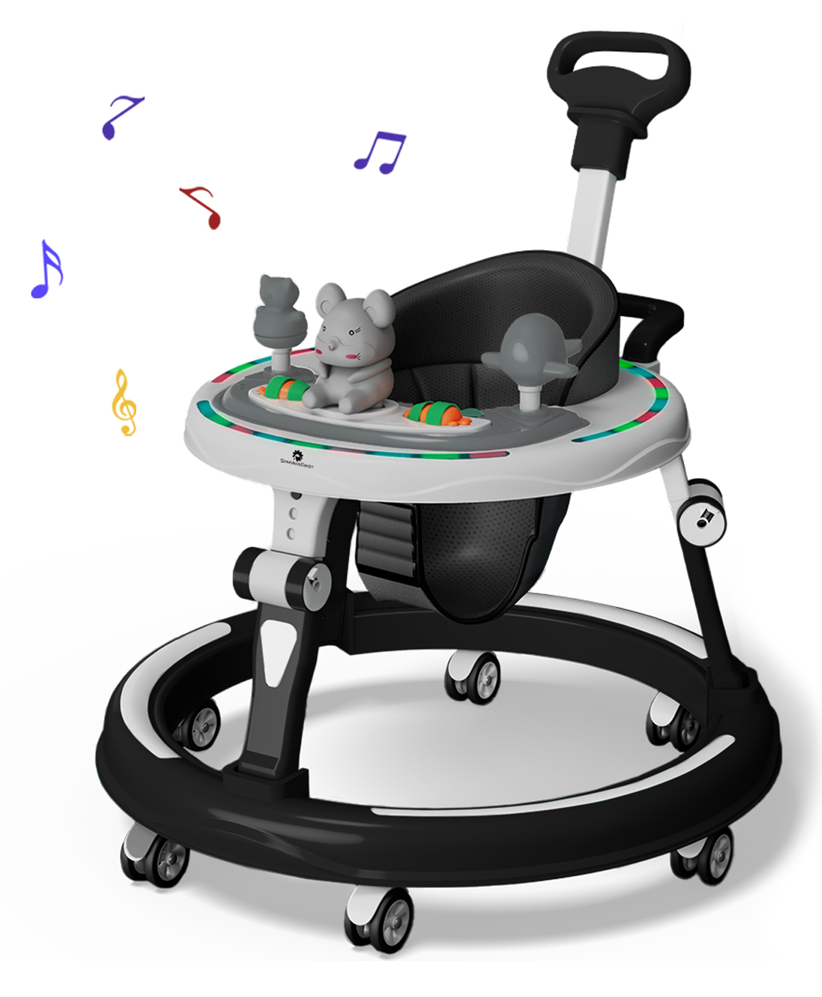 StarAndDaisy 360 Degree Baby Walker 7 Level Height Adjustment Walker for Kids Boy and Girl with Intergrated RGB Lights Switchable Food & Musical Toy Tray Premium Baby Activity Walker with Parent Rod - Black