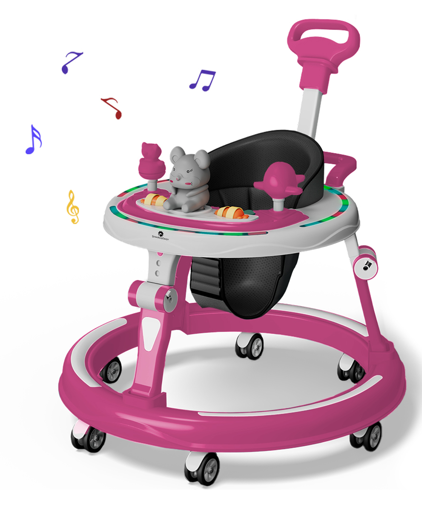 StarAndDaisy 360 Degree Baby Walker 7 Level Height Adjustment Walker for Kids Boy and Girl with Intergrated RGB Lights Switchable Food & Musical Toy Tray Premium Baby Activity Walker with Parent Rod - Pink