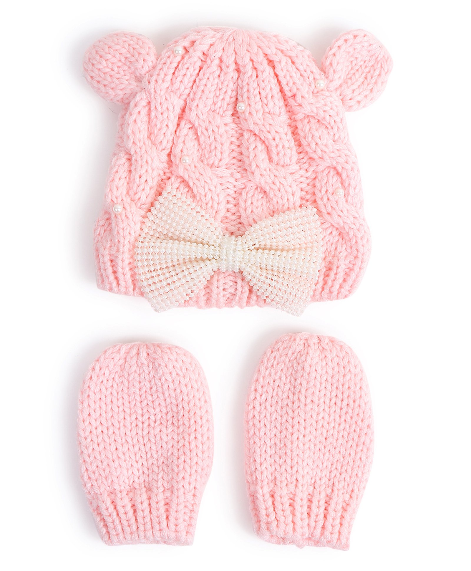 Tipy Tipy Tap Pearls Embellished Bow Designed Cap With Mittens Set - Pink-image-10