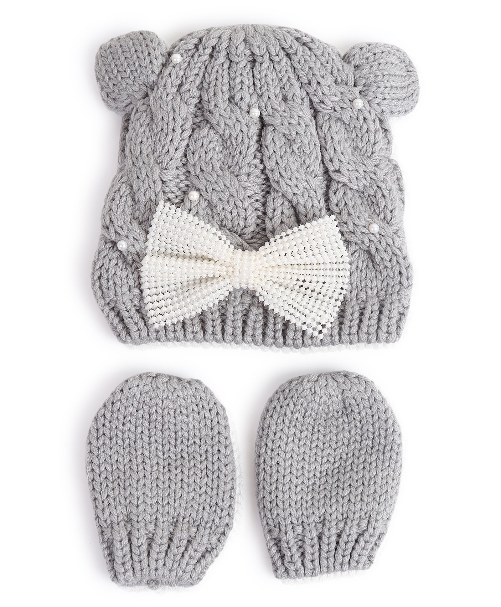 Tipy Tipy Tap Pearls Embellished Bow Detailed Cap With Mittens Set - Grey-image-18