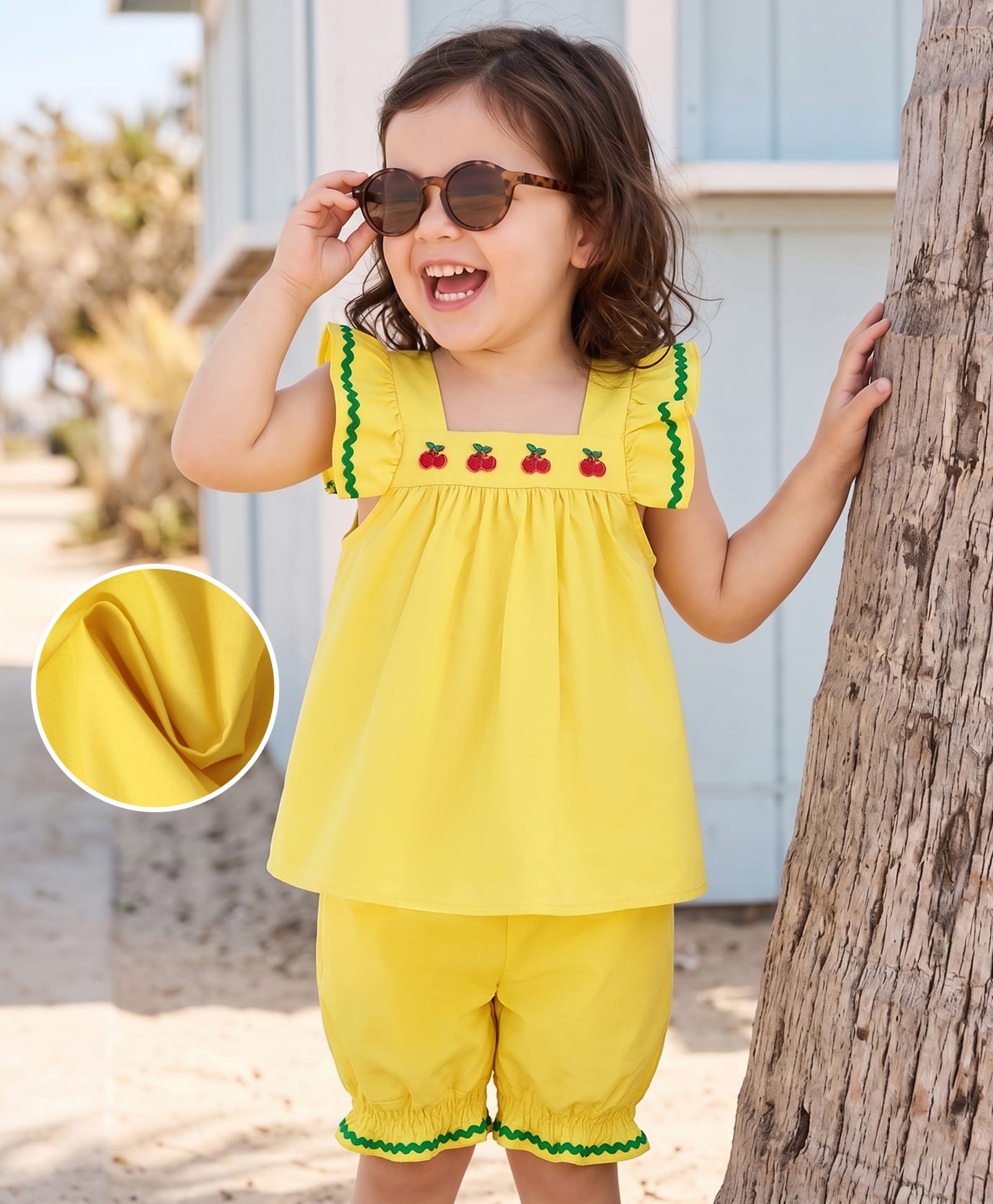 Mark & Mia Cotton Frill Sleeves Top & Shorts Set with Cherry Patch & Lace Detailing - Yellow-picture-36