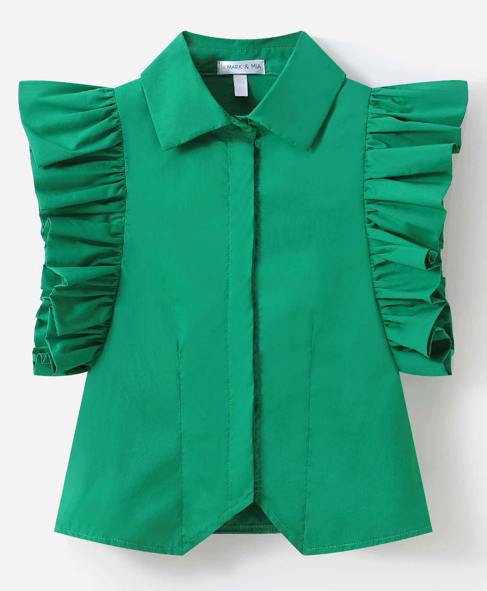 Mark & Mia Cotton Frill Sleeves Solid Color Collared Top - Green