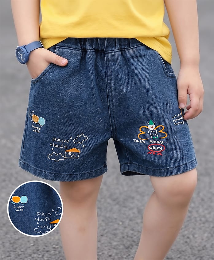 Mark & Mia Washed Denim Shorts with Text Print - Blue-image-35